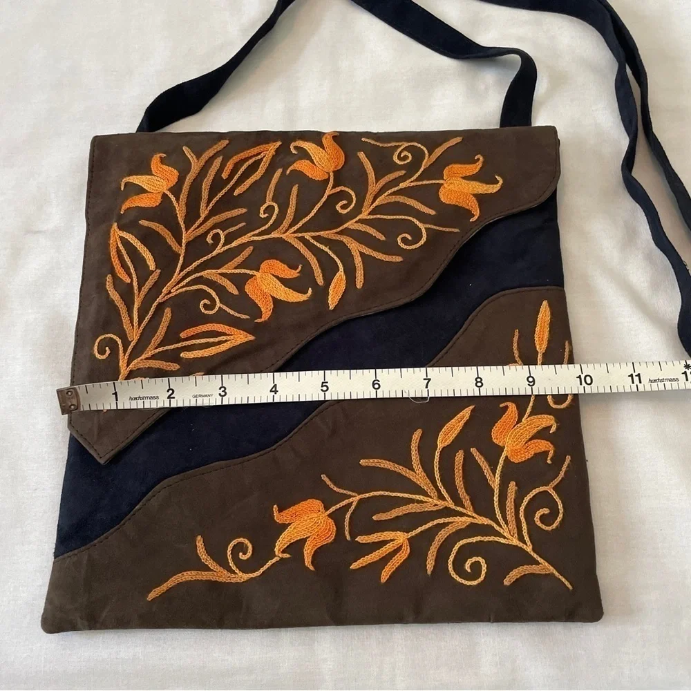 Boho Crossbody‎ Handbag Suede-Feel Embroidered Navy & Orange Floral